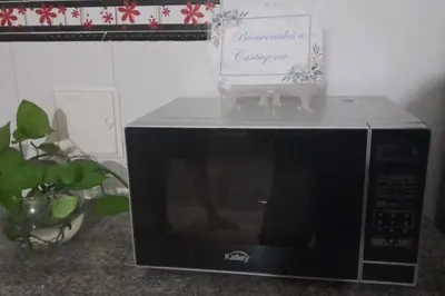 a microwave sitting on a counter with a plant at Apartamento el Calamar in Cartagena de Indias