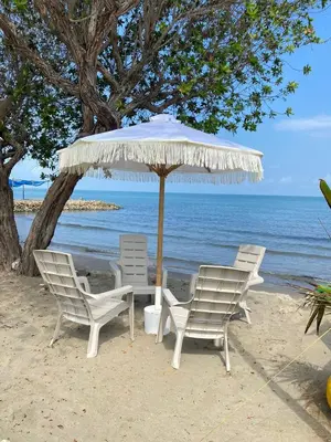 a group of chairs and an umbrella on the beach at Hostal El Danubio Tolu in Tolú