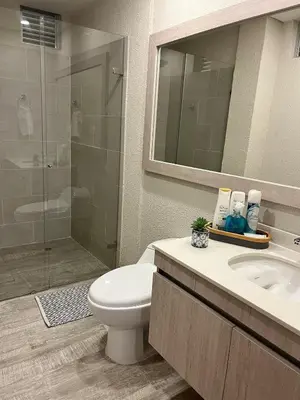 a bathroom with a toilet and a sink and a shower at DQ505 Nuevo hermoso jacuzzi priv in Cartagena de Indias