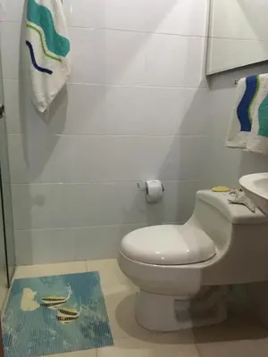 a bathroom with a toilet and a sink and towels at Costa Azul Suites 63 in Playa Dormida