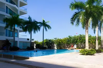 a swimming pool with palm trees in front of a building at 2 dormitorios Morros. Hidromasaje y Vistas in Cartagena de Indias