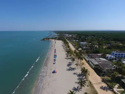 an aerial view of a beach with palm trees and the ocean at Apartamento frente al mar mejor playa en Coveñas in Coveñas