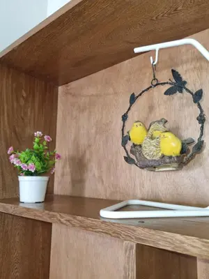 a shelf with a picture of two birds in a basket at Cabaña Amadeus cerca al mar in Coveñas