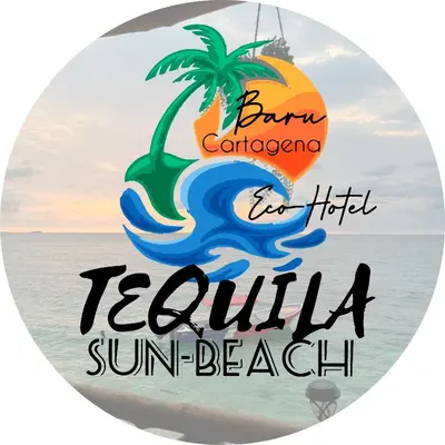 a sign for a beach resort with a palm tree and the ocean at Tequila SunBeach Baru Eco-Hotel in Baru
