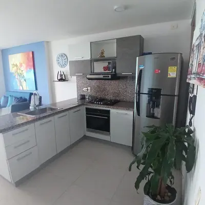 a kitchen with a stainless steel refrigerator and a potted plant at Apartamento 3404 Palmetto Beach Frente a la playa in Cartagena de Indias