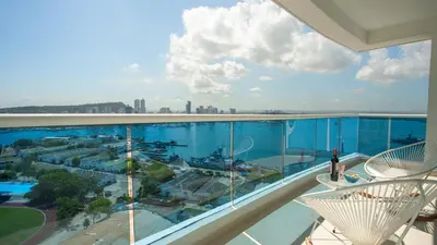 a view of a swimming pool on a building at Penthouse Marea Con Jacuzzi Privada Vista Mar in Cartagena de Indias