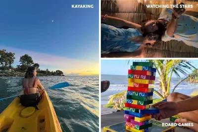 a collage of photos of a woman on a paddle boat at Beach House with AC Surrounded by Nature in Moñitos