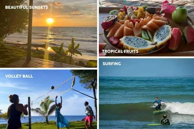 a collage of four pictures of people on the beach at Beach House with AC Surrounded by Nature in Moñitos