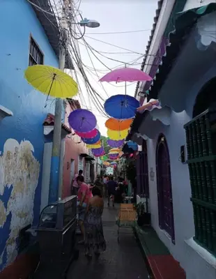 a group of colorful umbrellas hanging over a street at MoraRoom in Cartagena de Indias
