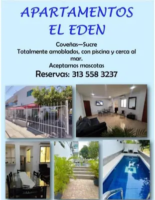 a collage of pictures of a house with a pool at Apartahotel Eden Coveñas in Coveñas