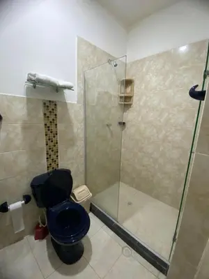 a bathroom with a shower and a blue toilet at hotel san nicolas colonial in Barranquilla