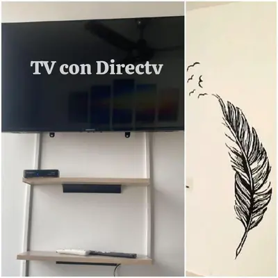 a tv on a shelf with a feather drawing on it at Apartamento Amoblado Cartagena in Cartagena de Indias