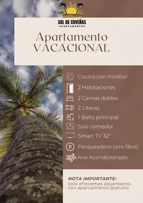 a menu for a restaurant next to a palm tree at Apartamentos Sol de Coveñas TI in Coveñas