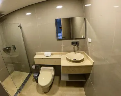 a bathroom with a toilet and a sink and a shower at HOTEL MANZUR in Barranquilla