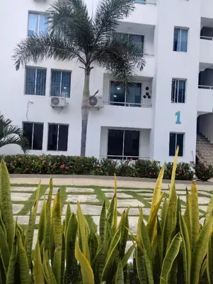 a building with a palm tree in front of it at Hospedaje y Alojamiento Familiar in Coveñas