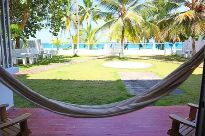 a hammock in a resort with palm trees and the ocean at Magico Apartamento Frente al Mar 3 Habitaciones C11A in Coveñas