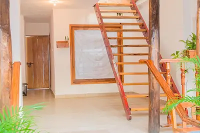 a wooden spiral staircase in a room with plants at Hb2 Triple Room with shared bathroom in Cartagena de Indias