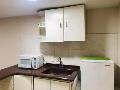 a kitchen with a sink and a microwave at Hotel Boston Superior in Barranquilla