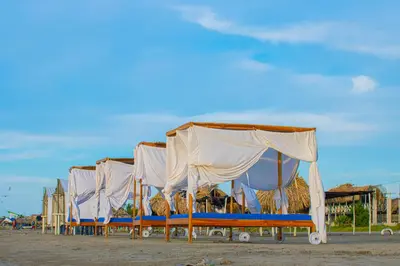 a row of beds with white covers on a beach at Casa Playa James in La Boquilla