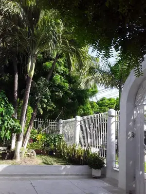 a white fence with a palm tree in front of it at Hostel Mamy Dorme in Barranquilla