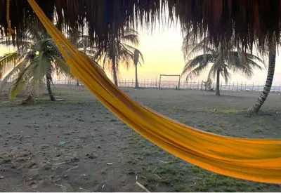 a yellow hammock on a beach with palm trees at Casita del Viento in San Bernardo del Viento