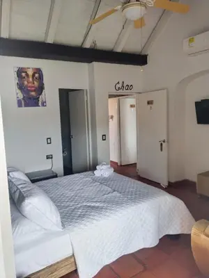 a bedroom with a large white bed with a ceiling at EMMA HOTEL SAN DIEGO in Cartagena de Indias