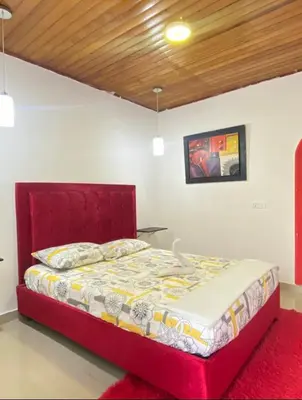 a bed with a red headboard in a room at HOTEL SANTA MONICA in Barranquilla