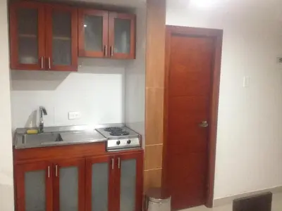 a small kitchen with wooden cabinets and a sink at Fabuloso estudio con vista al laguito in Cartagena de Indias