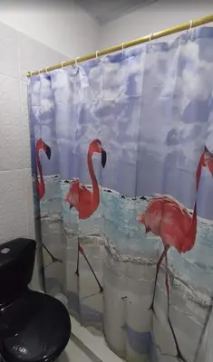 a shower curtain with three flamingos in the water at Hostal torres del caribe in San Bernardo del Viento