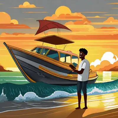 a man standing on the beach next to a boat at Punta Arena EcoHostal & EcoFit - Your Eco-Friendly Oasis in Playa Punta Arena