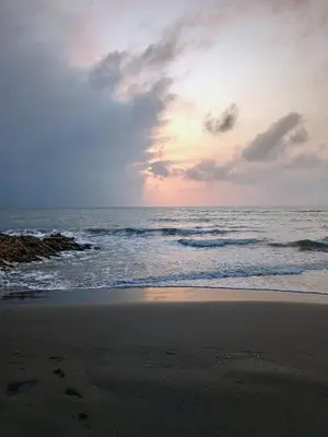 a beach with the ocean and a cloudy sky at Cabaña Maria José in Moñitos