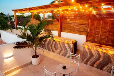 a patio with a table and a potted plant at Palmas de Alba Hotel Boutique in Cartagena de Indias