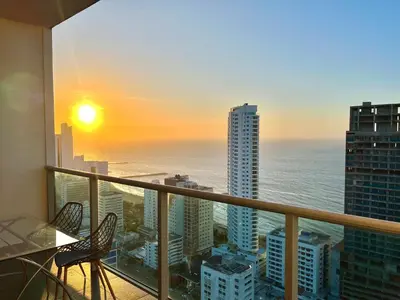 a balcony with a view of the ocean at by Calamari Homes - Infinitum 3302 Bocagrande in Cartagena de Indias