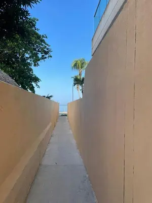 a sidewalk next to a wall with a palm tree at CABAÑA PLAYA MAR in Coveñas
