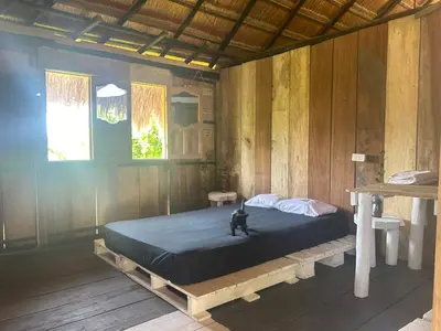 a bed in a wooden room with a cat sitting on it at Punta Arena EcoHostal & EcoFit - Your Eco-Conscious Oasis in Cartagena de Indias