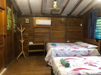 two beds in a room with wooden walls at SiÉ Cabaña en Coveñas cerca a la playa in Coveñas