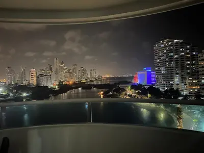 a view of a city skyline at night at Torres del lago de 3 habitaciones in Cartagena de Indias
