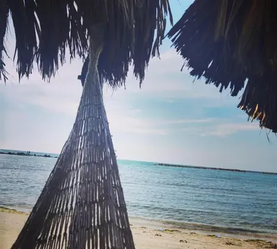 a straw umbrella on the beach next to the ocean at Apartamento de descanso Om Shanti Om in Coveñas