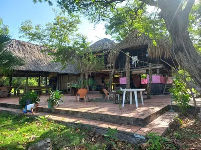a house with a thatched roof at Pajarito Eco-Lodge frente al mar in Cedro