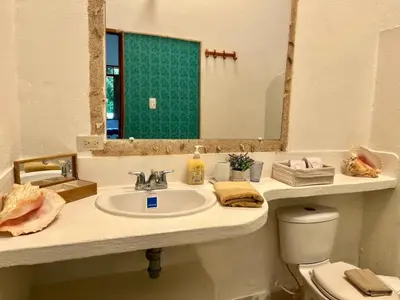 a bathroom with a sink and a toilet and a mirror at Casa Majanicho in Rincón