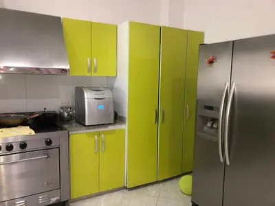 a kitchen with green cabinets and a stainless steel refrigerator at Cabañas Privadas en Playas del Francés con Piscina in San Silvestre