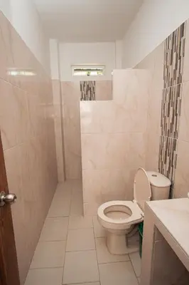a bathroom with a toilet and a shower and a sink at Hotel Caribe Coveñas in Coveñas