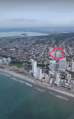 an aerial view of a city with a red circle at Apartamento de Lujo, amoblado en Cartagena in Cartagena de Indias