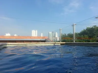 a pool of water with a city in the background at Casa Marqués del Pedregal in Cartagena de Indias