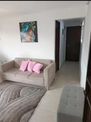 a living room with a couch with two pink pillows at Hermoso apartamento in Cartagena de Indias