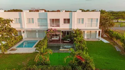 an aerial view of a house with a swimming pool at Villa Karibana Paradise in Cartagena de Indias