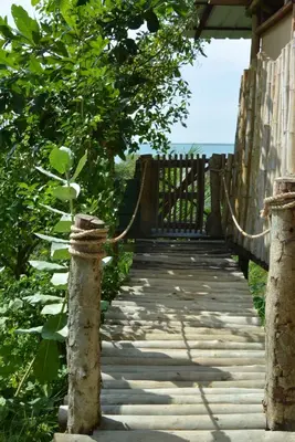 a wooden walkway with a wooden gate and trees at Puerta al Mar Ecolodge Glamping in Tubará