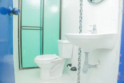 a bathroom with a sink and a toilet and a shower at Cabaña Palma Azul in Coveñas