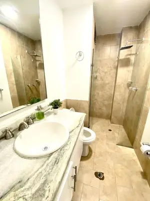 a bathroom with a sink and a toilet and a shower at suite incanto con vista al lago in Cartagena de Indias