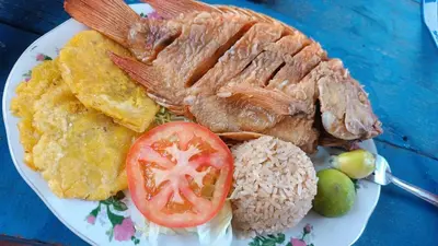 a plate of food with meat rice and a tomato at HOSTAL LAMAR BARU dónde Gertrudis in Playa Blanca